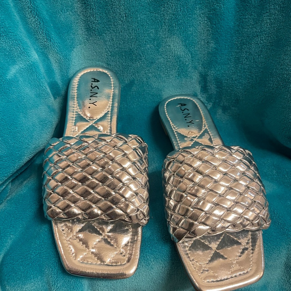 Silver Woven Slide Sandals